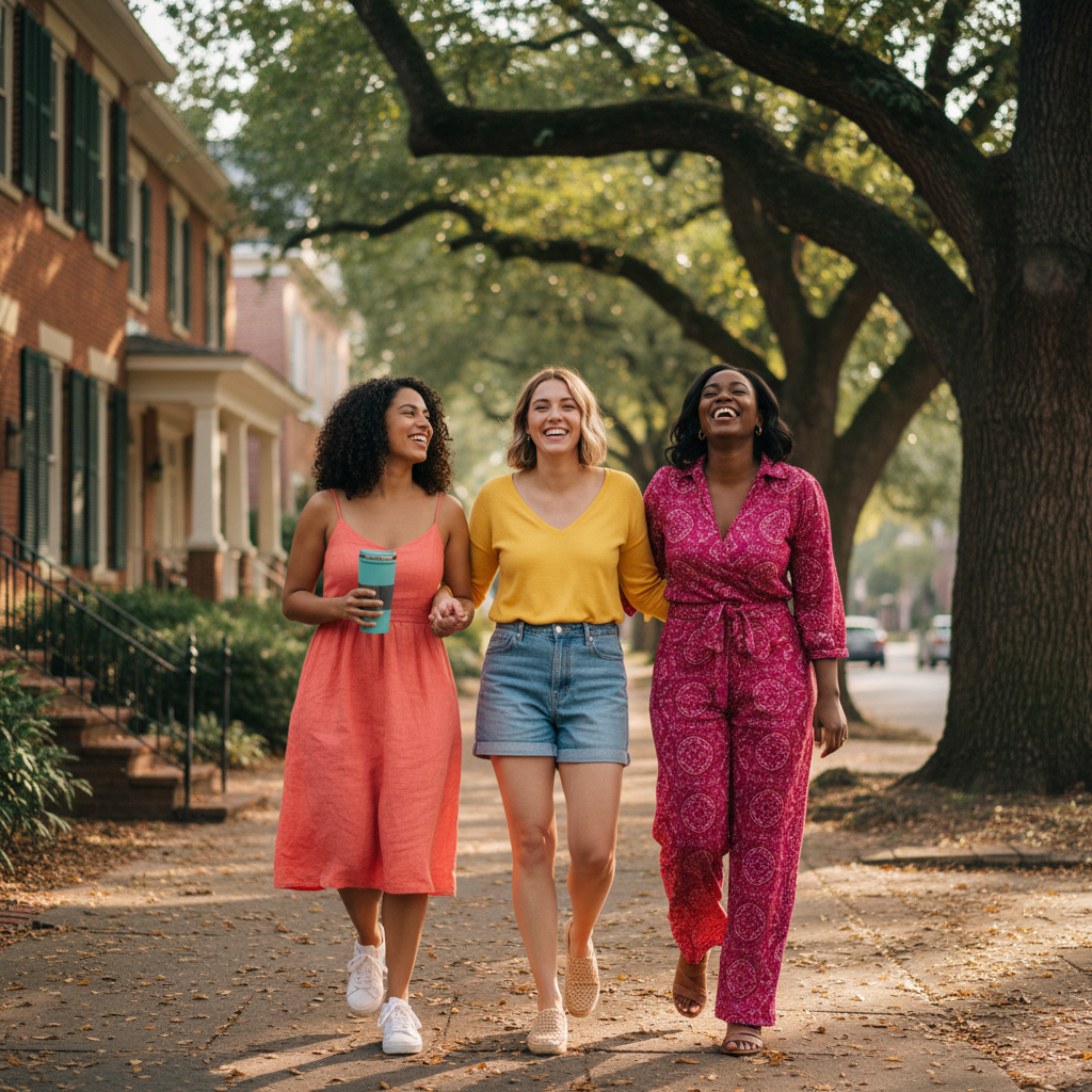 An ethnically diverse group of women in their 30s laughing and walking together in a sun-drenched Charlotte park.