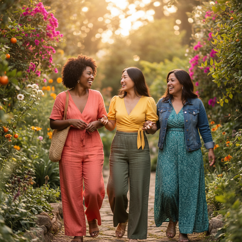 A diverse group of three women in their 30s and 40s laughing and talking together while walking through a sunlit park.
